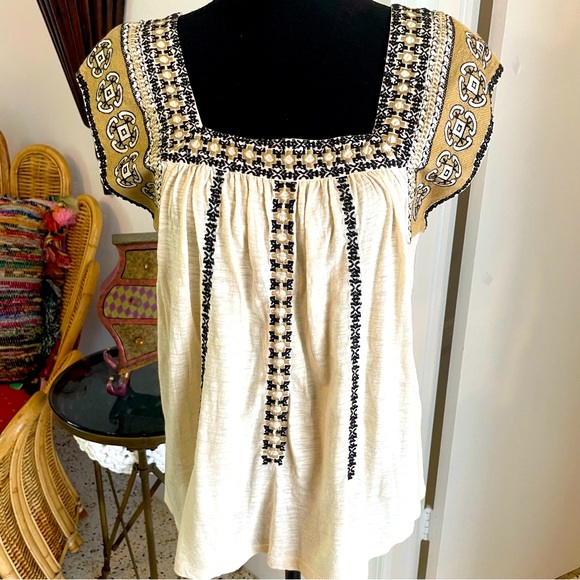 LUCKY BRAND Embroidered Sleeveless Pullover Peasant Cream Knit Loose Top! Small - Picture 2 of 11